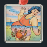 Funny Vintage Beach Humour Crab Attack Illustratio メタルオーナメント<br><div class="desc">This vibrant vintage illustration, dating from the 1930s-1940s, captures the playful and cheeky spirit of mid-century seaside humor. It depicts a curvaceous woman in a stylish coral swimsuit wading in the ocean, surprised by a mischievous crab. The bold lines, saturated colors, and expressive character design are hallmarks of the classic...</div>