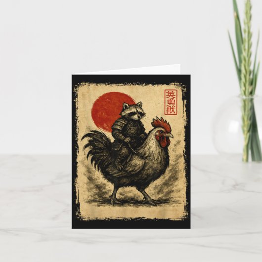 Funny Vintage Raccoon Rooster Chicken Japanese Uki カード (正面)