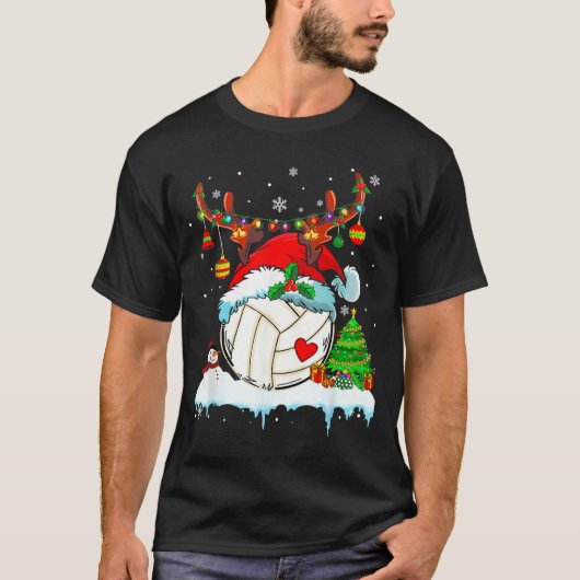 Funny Volleyball Christmas Reindeer Santa Hat Ligh Tシャツ (正面)