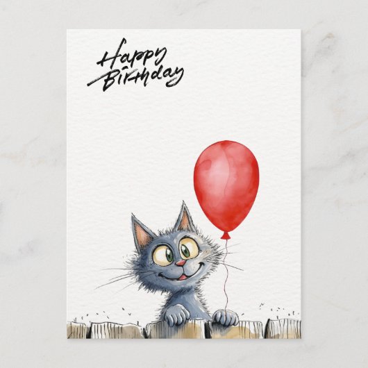 funny watercolor birthday card with cat  ポストカード (正面)