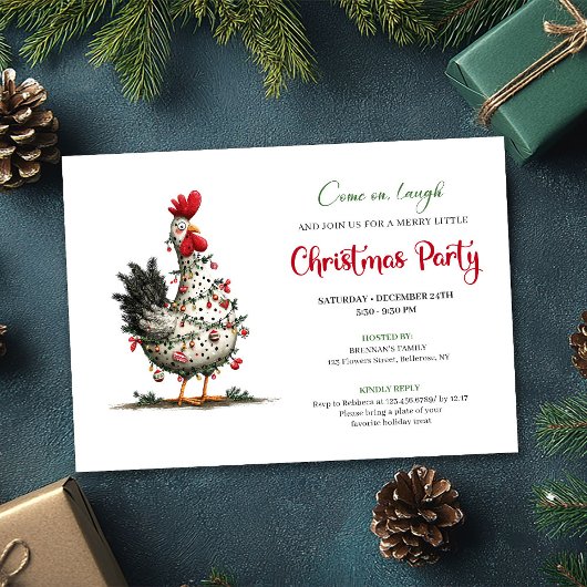 Funny Watercolor Chicken Festive Christmas Invite 招待状