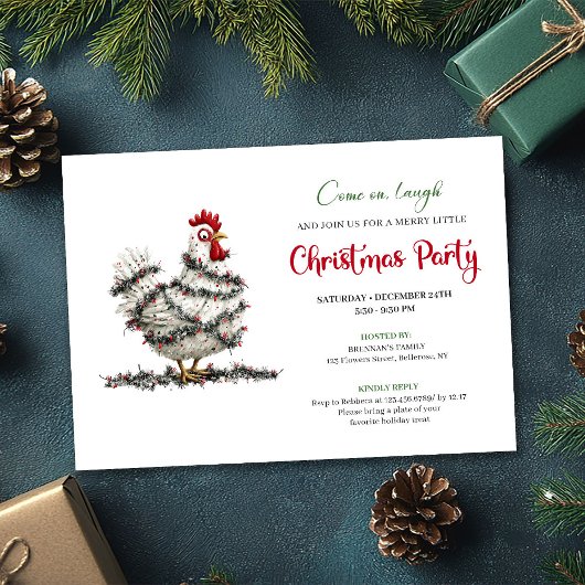 Funny Watercolor Chicken Red Green Holiday Invite 招待状