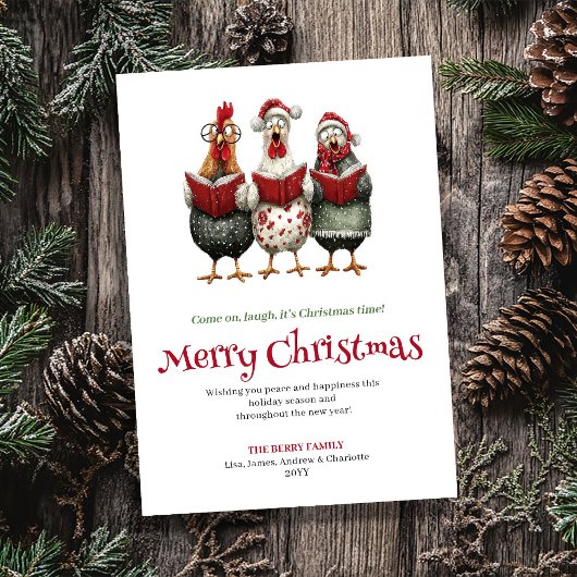 Funny watercolor chickens Christmas greeting card シーズンカード