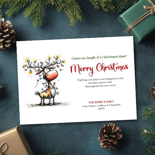 Funny watercolor reindeer Christmas greeting card シーズンカード