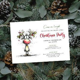 Funny watercolor reindeer Christmas party invite 招待状