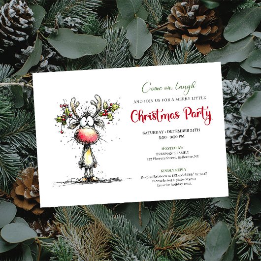 Funny watercolor reindeer Christmas party invite 招待状