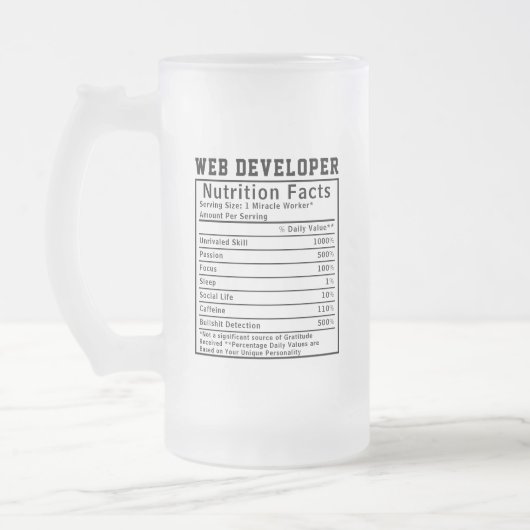 Funny Web Developer Nutrition Facts Coding Life フロストグラスビールジョッキ (左)