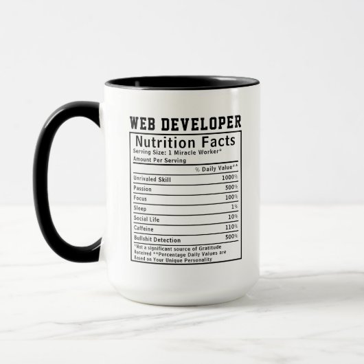 Funny Web Developer Nutrition Facts Coding Life  マグカップ (左)