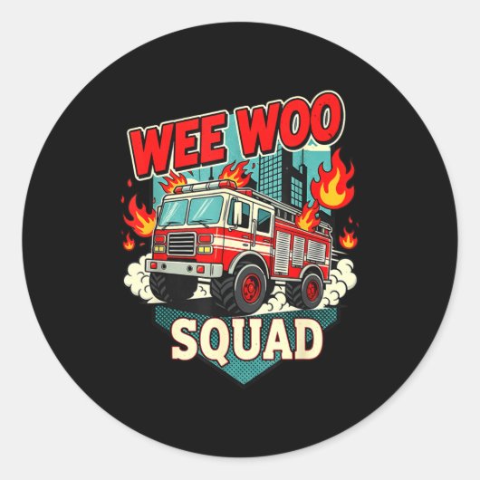 Funny Wee Woo Squad Fire Department Firefighter Fi ラウンドシール (正面)