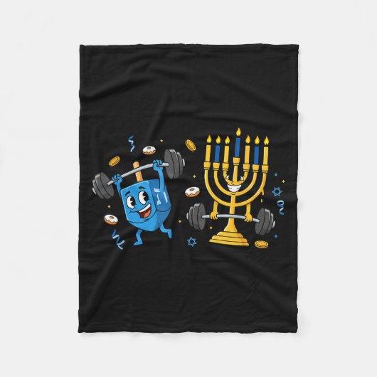 Funny Weightlifting Gym Dreidel Menorah Hanukkah W フリースブランケット (正面)