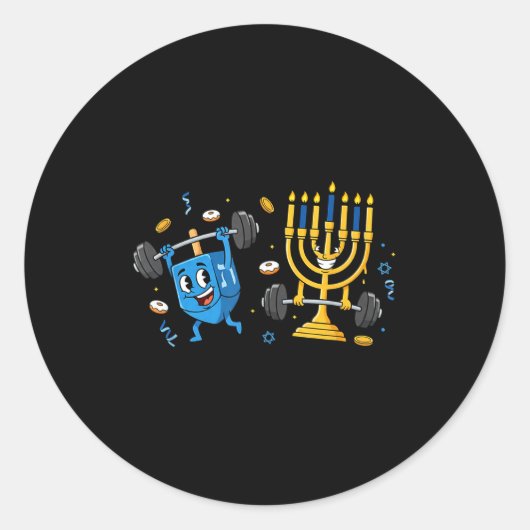 Funny Weightlifting Gym Dreidel Menorah Hanukkah W ラウンドシール (正面)