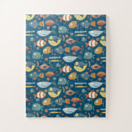 Funny Whimsical Ocean Sea Fish Blue Pattern ジグソーパズル