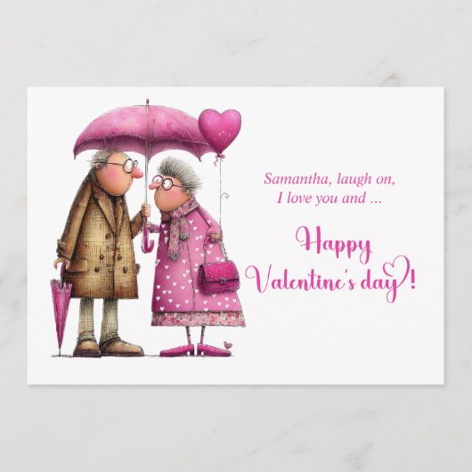 Funny Whimsical Valentine Hot Pink Love Couple シーズンカード (正面)
