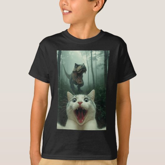 Funny White Cat Selfie With T-rex Dinosaur, Cat Ki Tシャツ (正面)