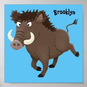 Funny wild boar razorback cartoon illustration ポスター
