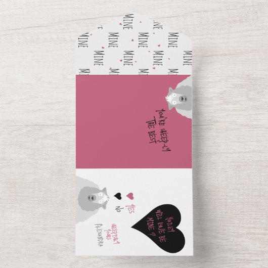 Funny Will Ewe Be MINE? Sheep Pun Proposal Card オールインワン招待状 (内側)