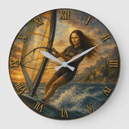 Funny Windsurfing Mona Lisa Sailing Ocean Gift ラージ壁時計 (正面)