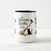 Funny Witch Broom Broke Black Cat Halloween ツートーンマグカップ (中央)