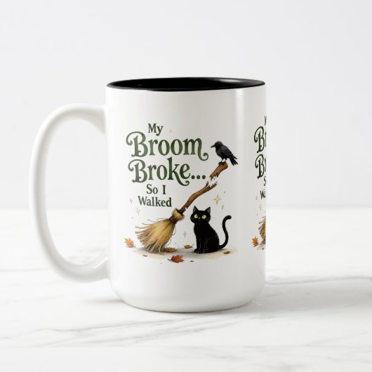 Funny Witch Broom Broke Black Cat Halloween ツートーンマグカップ (左)