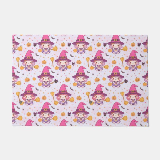 Funny Witch Halloween Pattern with Pumpkins, Bats ドアマット (正面)