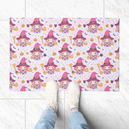 Funny Witch Halloween Pattern with Pumpkins, Bats ドアマット