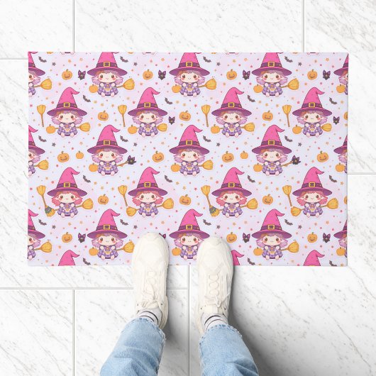 Funny Witch Halloween Pattern with Pumpkins, Bats ドアマット