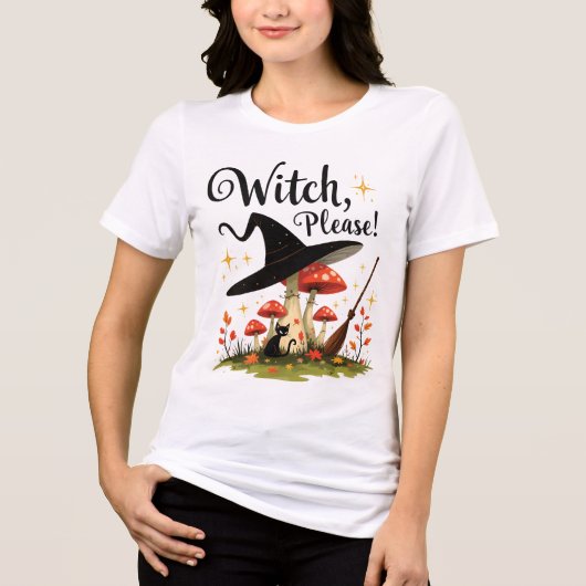 Funny Witch Please Black Cat Mushroom トライブレンドTシャツ (正面)