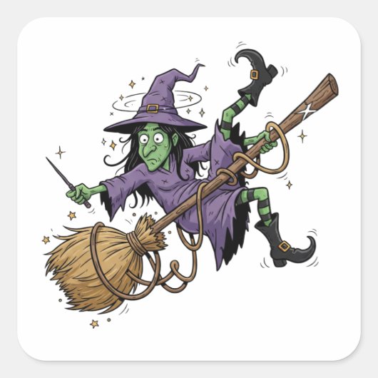 Funny Witch Tangled On Broom Art Sticker スクエアシール (正面)