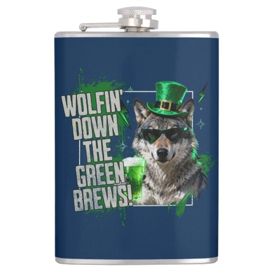 Funny Wolfin Down Green Brews St Patricks Day フラスク (正面)