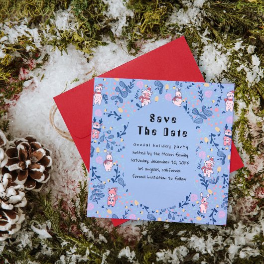 Funny Woodland Friends Blue Winter Forest Pattern セーブザデート