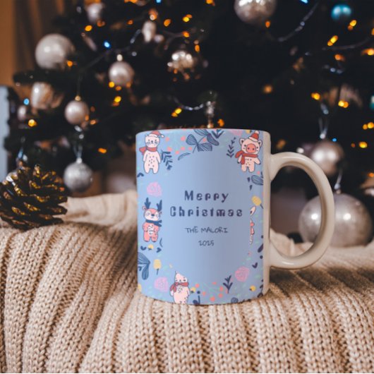 Funny Woodland Friends  Blue Winter Forest Pattern ツートーンマグカップ