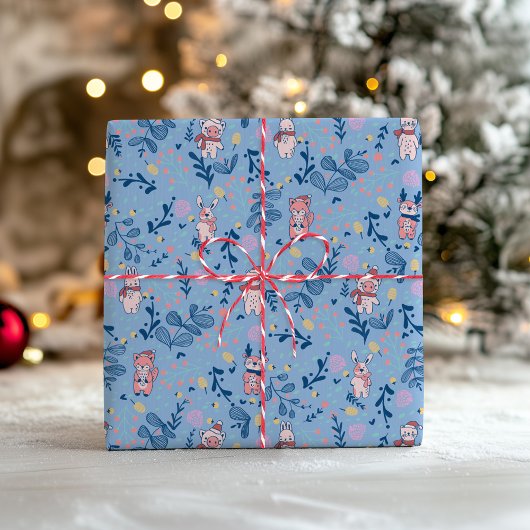 Funny Woodland Friends Blue Winter Forest Pattern ラッピングペーパー