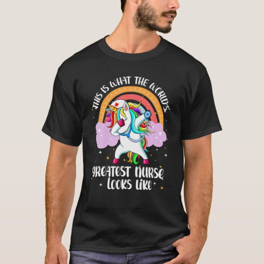 Funny World Greatest Nurse RN Nursing Unicorn Rain Tシャツ (正面)