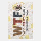 Funny WTF Wine Turkey Family Thanksgiving キッチンタオル (縦)