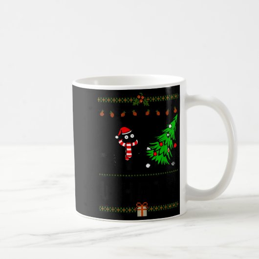 Funny Xmas Black Cat Pushing Christmas Tree Over C コーヒーマグカップ (右)