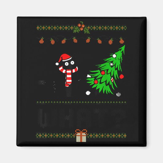 Funny Xmas Black Cat Pushing Christmas Tree Over C マグネット (正面)