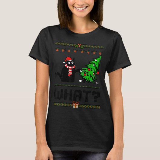 Funny Xmas Black Cat Pushing Christmas Tree Over C Tシャツ (正面)