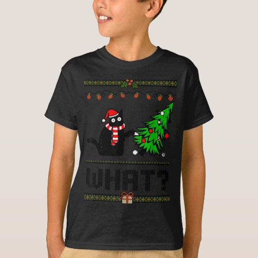 Funny Xmas Black Cat Pushing Christmas Tree Over C Tシャツ (正面)