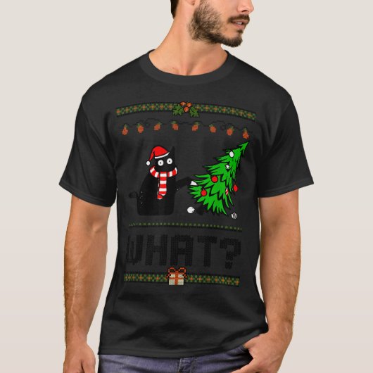 Funny Xmas Black Cat Pushing Christmas Tree Over C Tシャツ (正面)