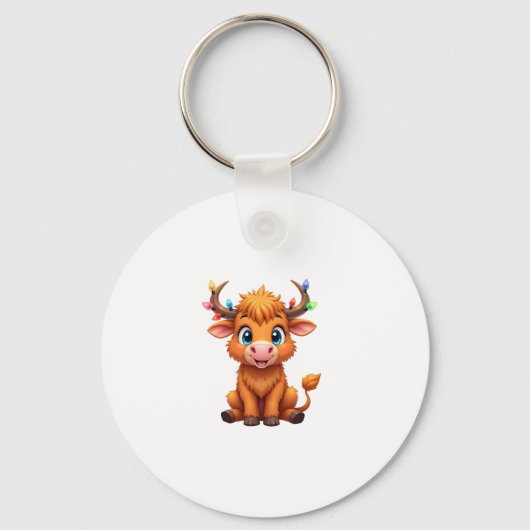 Funny Xmas Cow Lights Boys Girls Cute Highland Cow キーホルダー (正面)