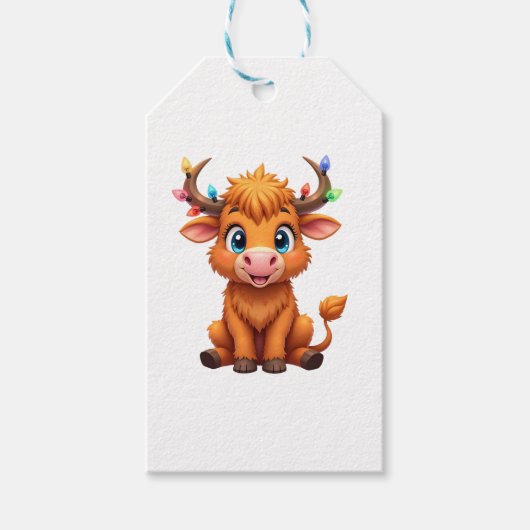 Funny Xmas Cow Lights Boys Girls Cute Highland Cow ギフトタグ (正面)