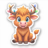 Funny Xmas Cow Lights Boys Girls Cute Highland Cow シール (正面)