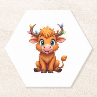 Funny Xmas Cow Lights Boys Girls Cute Highland Cow ペーパーコースター