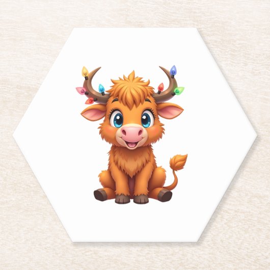 Funny Xmas Cow Lights Boys Girls Cute Highland Cow ペーパーコースター (正面)