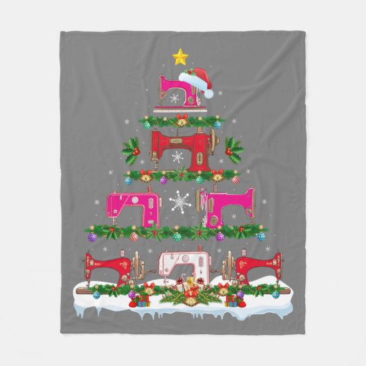 Funny Xmas Lighting Sewing Machine Christmas Tree フリースブランケット (正面)