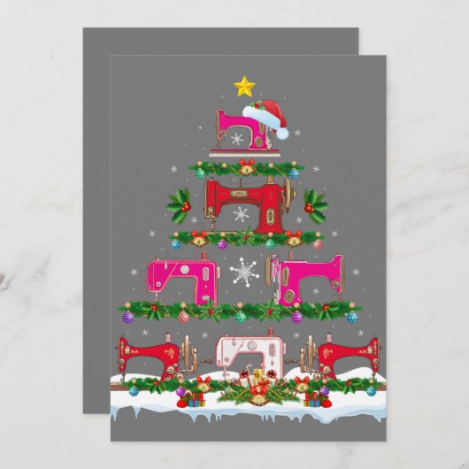 Funny Xmas Lighting Sewing Machine Christmas Tree 招待状 (正面/裏面)