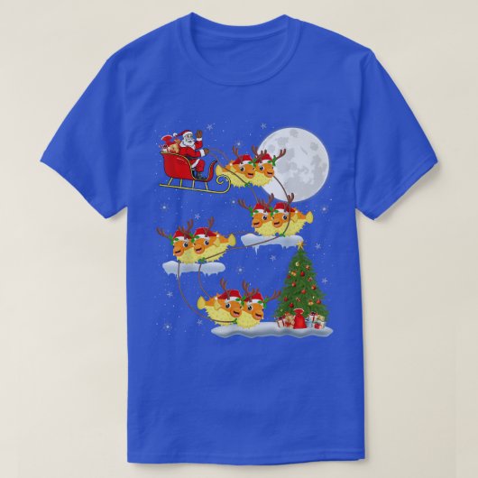 Funny Xmas Lighting Tree Santa Riding Puffer Fish  Tシャツ (デザイン正面)