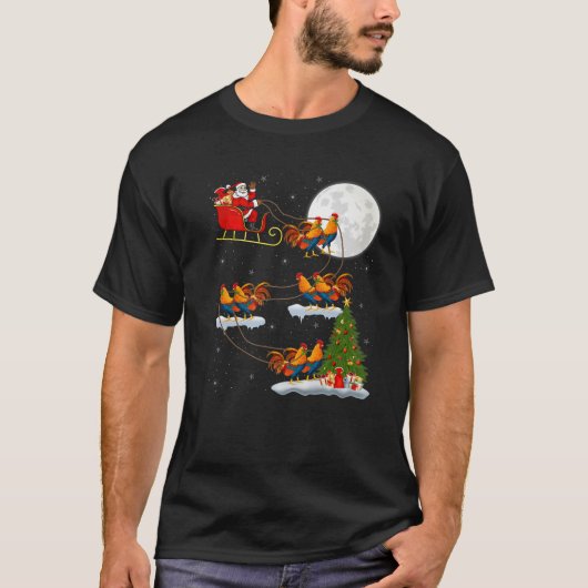 Funny Xmas Lighting Tree Santa Riding Rooster Bird Tシャツ (正面)