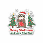 Funny Xmas Lights Stocking Santa Hat Sloth Christm シール (正面)