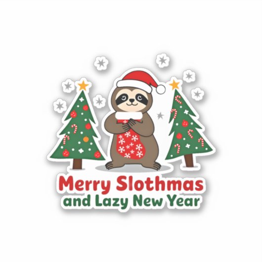 Funny Xmas Lights Stocking Santa Hat Sloth Christm シール (正面)